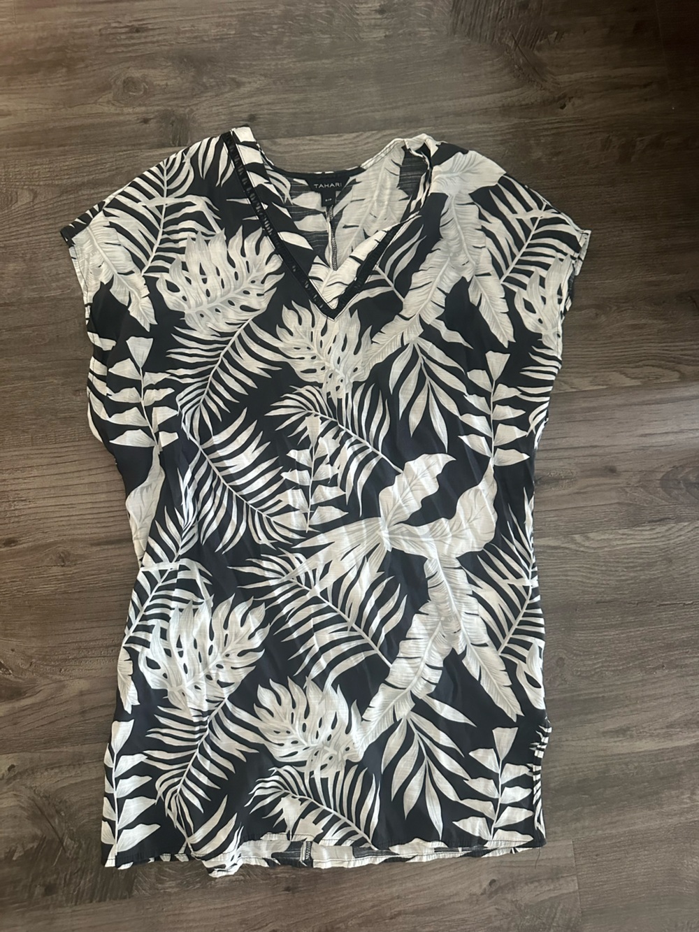 Tahari Black and White Tropical-Leaf Swim Coverup